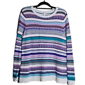 Talbots Womens Tunic Sweater size XLp Purple/Blue Fair Isle Stripe Cottagecore